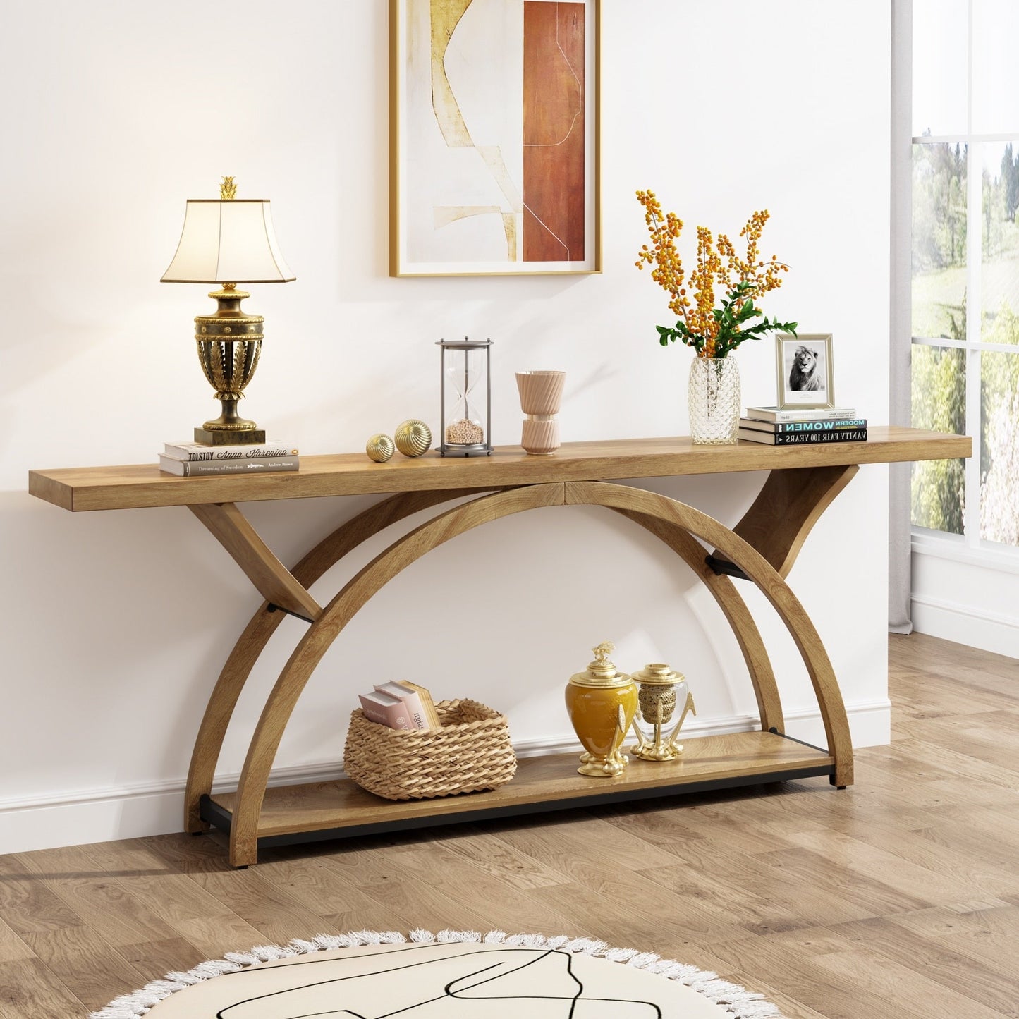 Table de console étroite et longue à 2 niveaux avec cadre semi-circulaire pour entrée, tables d'appoint de couloir grises