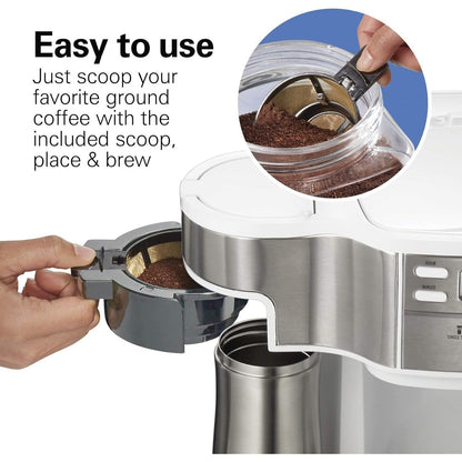 Machine à café 2 en 1, 12 tasses ou portion individuelle, carafe en verre, pause et service automatiques, blanc