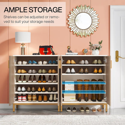 Meuble à chaussures pour 20 paires, meuble de rangement moderne de 95 cm avec portes, blanc et or.