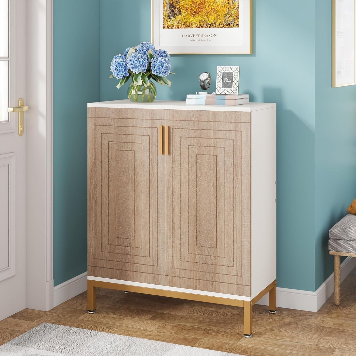 Meuble à chaussures pour 20 paires, meuble de rangement moderne de 95 cm avec portes, blanc et or.