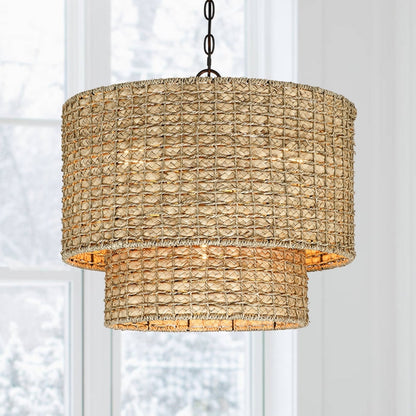 Suspension à 4 lumières en rotin naturel, style tambour traditionnel, avec abat-jour noir - Noir/terre - 50,8 cm de largeur
