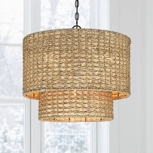 Suspension à 4 lumières en rotin naturel, style tambour traditionnel, avec abat-jour noir - Noir/terre - 50,8 cm de largeur