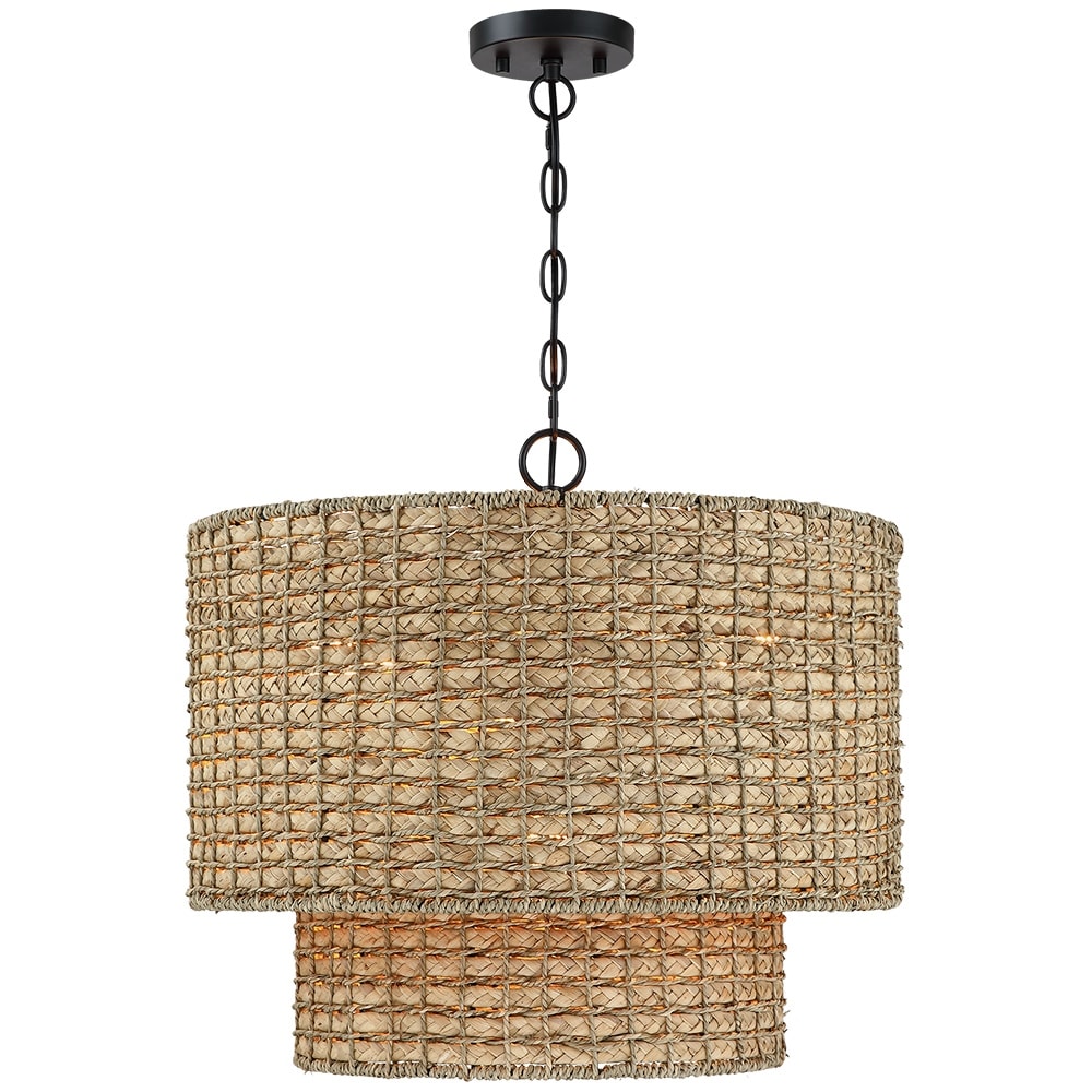 Suspension à 4 lumières en rotin naturel, style tambour traditionnel, avec abat-jour noir - Noir/terre - 50,8 cm de largeur