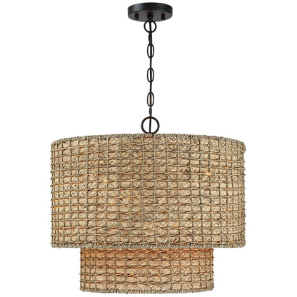Suspension à 4 lumières en rotin naturel, style tambour traditionnel, avec abat-jour noir - Noir/terre - 50,8 cm de largeur
