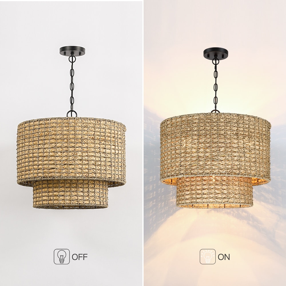 Suspension à 4 lumières en rotin naturel, style tambour traditionnel, avec abat-jour noir - Noir/terre - 50,8 cm de largeur