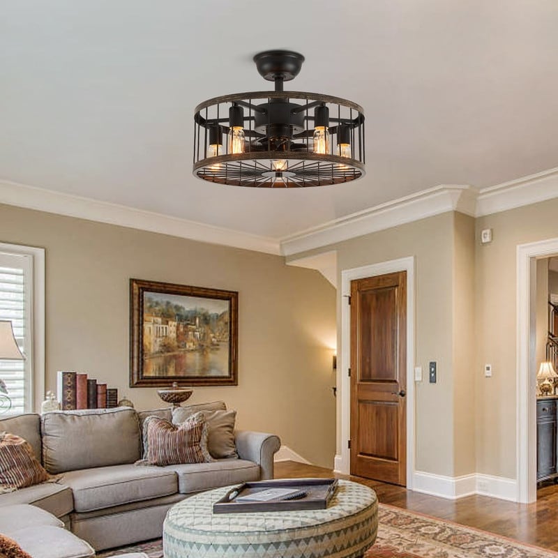 Ventilateur de plafond à faible encombrement de 20 pouces, style moderne et rustique, avec finition en bois, cage et éclairage, avec télécommande.