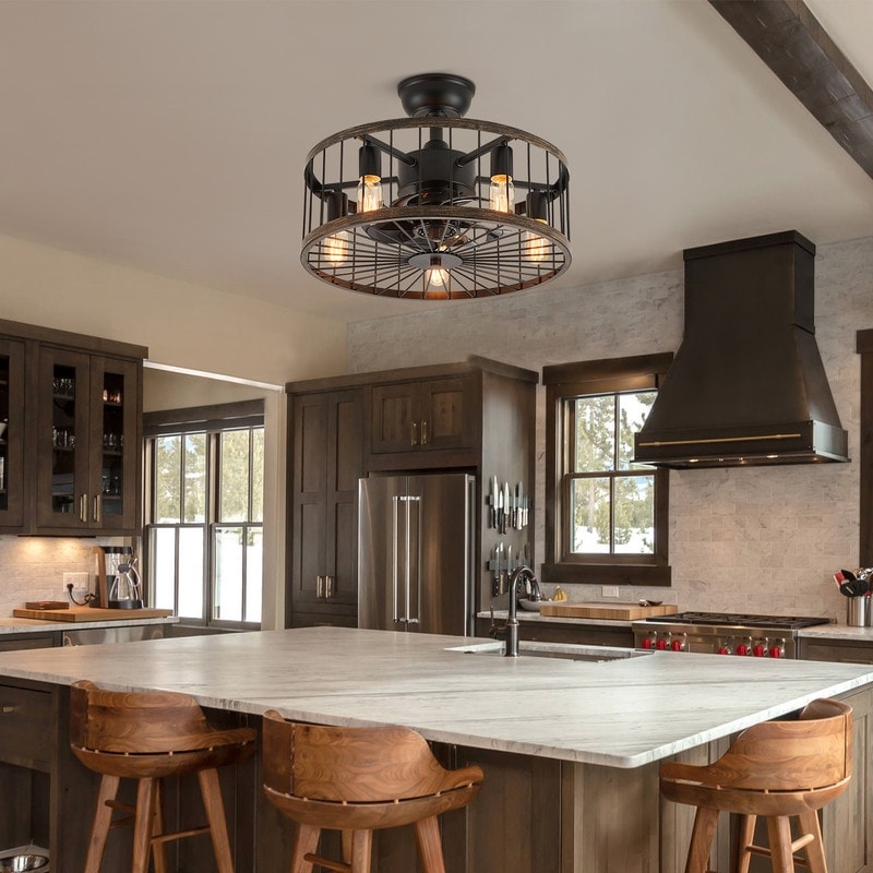 Ventilateur de plafond à faible encombrement de 20 pouces, style moderne et rustique, avec finition en bois, cage et éclairage, avec télécommande.