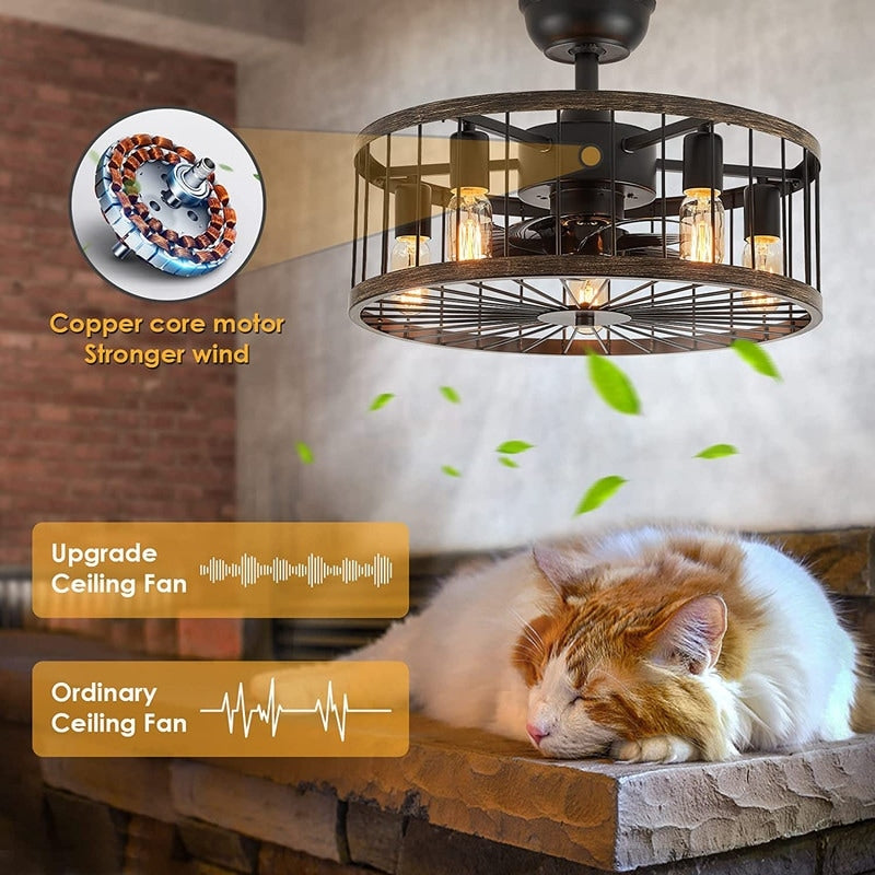 Ventilateur de plafond à faible encombrement de 20 pouces, style moderne et rustique, avec finition en bois, cage et éclairage, avec télécommande.