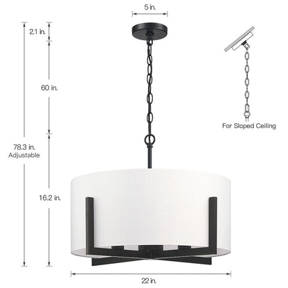 Suspension lumineuse à 4 lumières, 56 cm (22 po), noir mat, avec abat-jour blanc en forme de tambour - 22 W