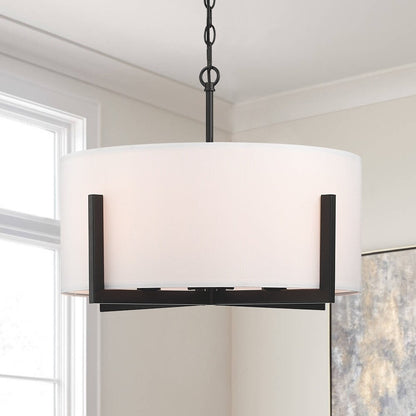 Suspension lumineuse à 4 lumières, 56 cm (22 po), noir mat, avec abat-jour blanc en forme de tambour - 22 W
