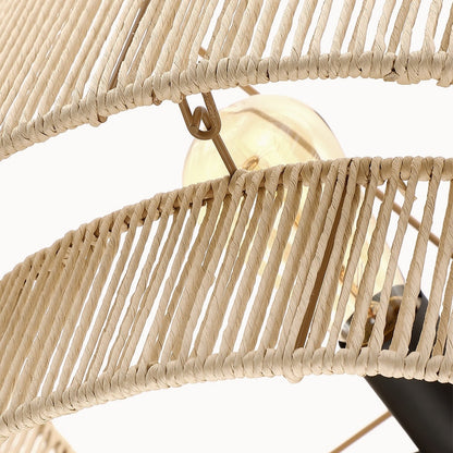 Suspension à 4 lumières en rotin à plusieurs niveaux, avec abat-jour noir - 56 cm de largeur