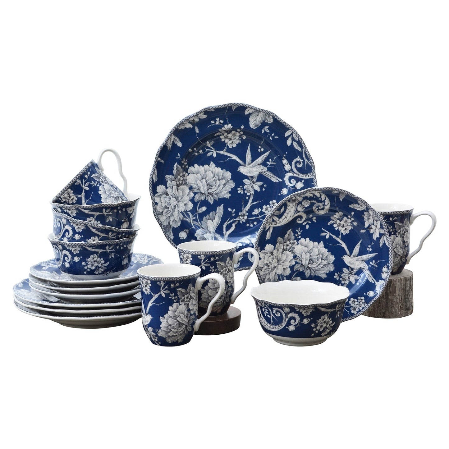Service de table en porcelaine 222 Fifth Adelaide, 16 pièces, avec assiettes rondes, bols et tasses, bleu foncé