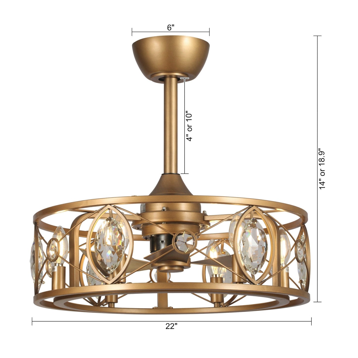 Ventilateur de plafond avec abat-jour en cristal moderne, cage et télécommande (22 pouces)