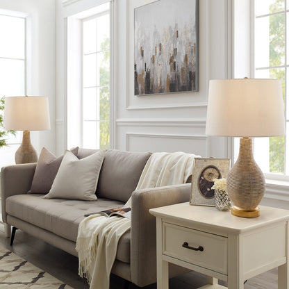 Lampe de table de style farmhouse de 62 cm (24,5 pouces) en beige lavé/doré avec abat-jour en lin blanc (lot de 2) - 62 cm (24,5 pouces) de hauteur