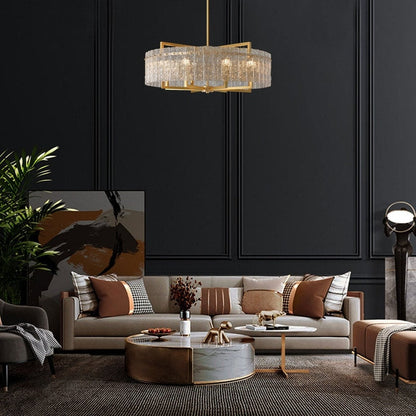 Luminaire suspendu à 6 lumières, style moderne, doré, en forme de tambour, avec cristaux, abat-jour en verre dépoli, pour salle à manger, cuisine, îlot central, 65 cm (26 po)