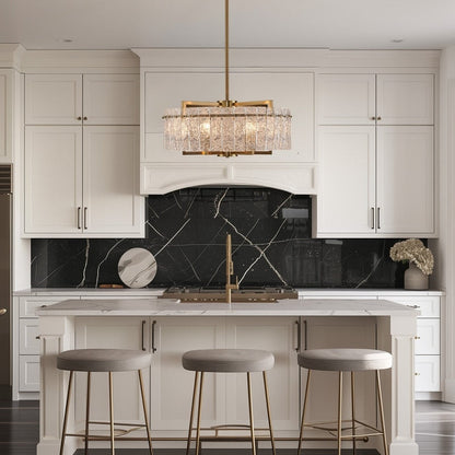 Luminaire suspendu à 6 lumières, style moderne, doré, en forme de tambour, avec cristaux, abat-jour en verre dépoli, pour salle à manger, cuisine, îlot central, 65 cm (26 po)