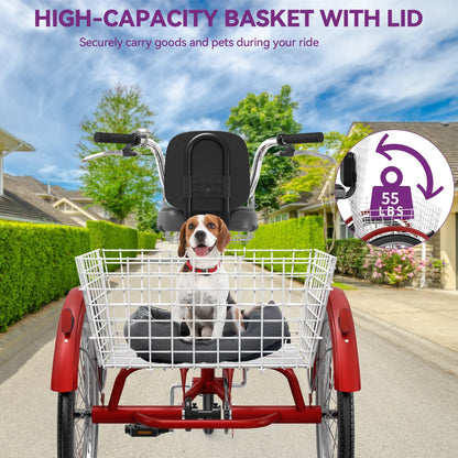 26 Tricycles bleus pour adultes, vélos à 3 roues avec paniers amovibles