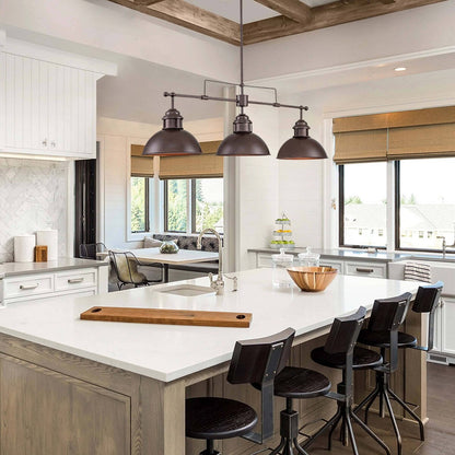 Suspension à 3 lumières à dôme de style industriel et rustique, en métal, pour îlot de cuisine, finition bronze huilé.