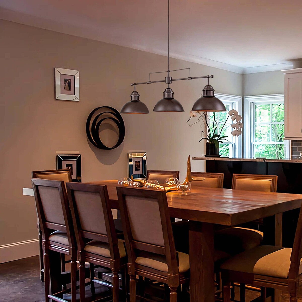 Suspension à 3 lumières à dôme de style industriel et rustique, en métal, pour îlot de cuisine, finition bronze huilé.