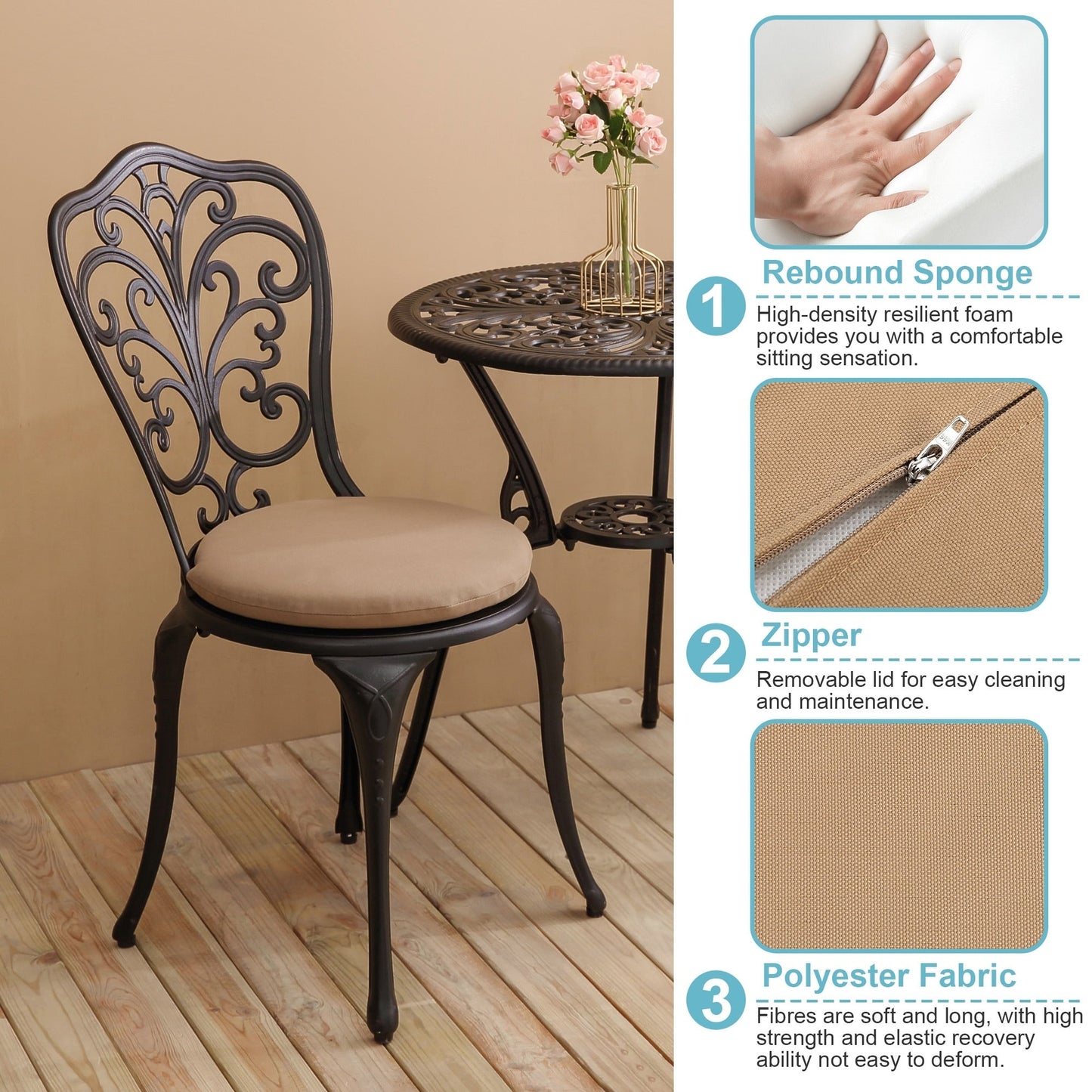 Table et chaises de jardin en aluminium pour extérieur, style papillon, 3 pièces, avec trou pour parasol