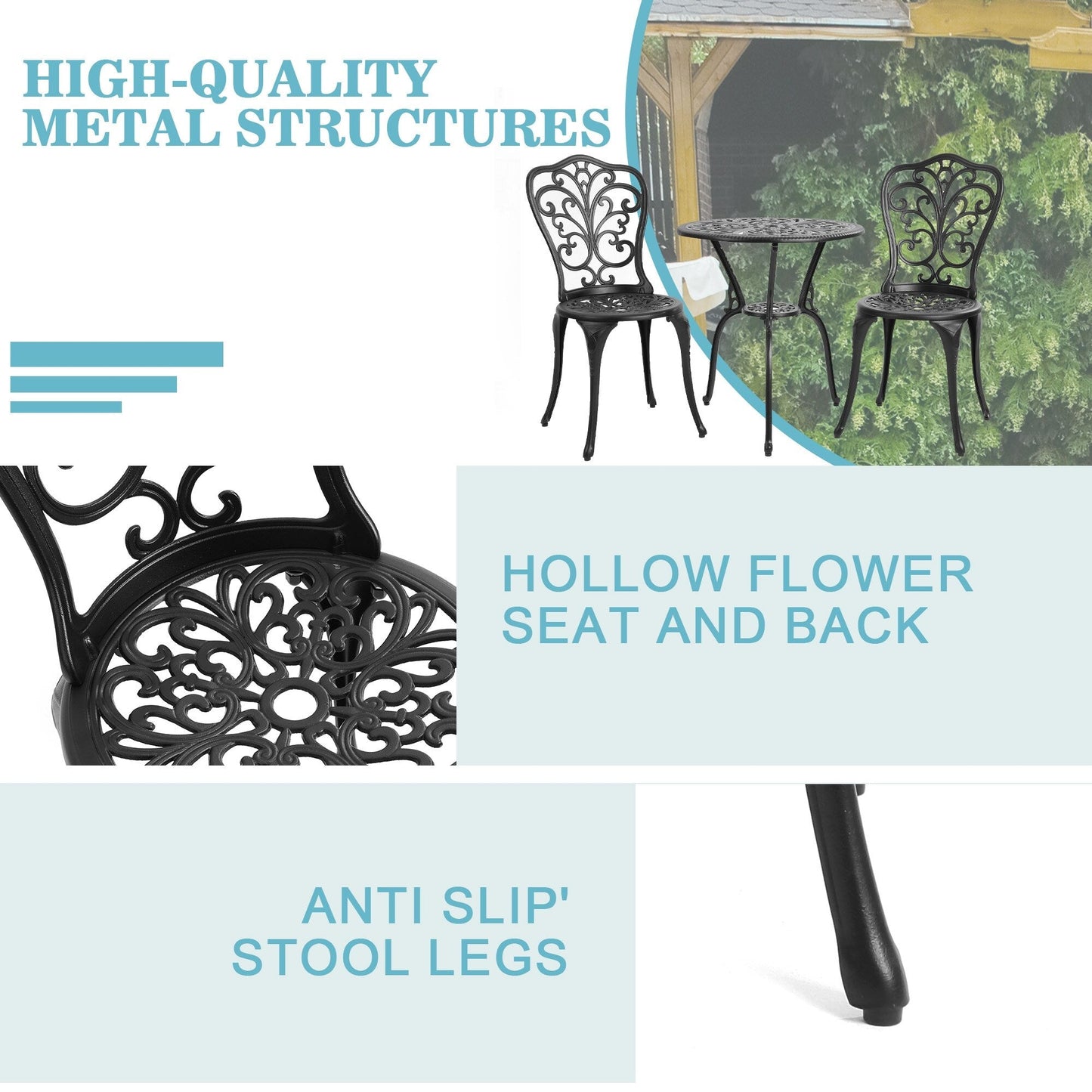 Table et chaises de jardin en aluminium pour extérieur, style papillon, 3 pièces, avec trou pour parasol