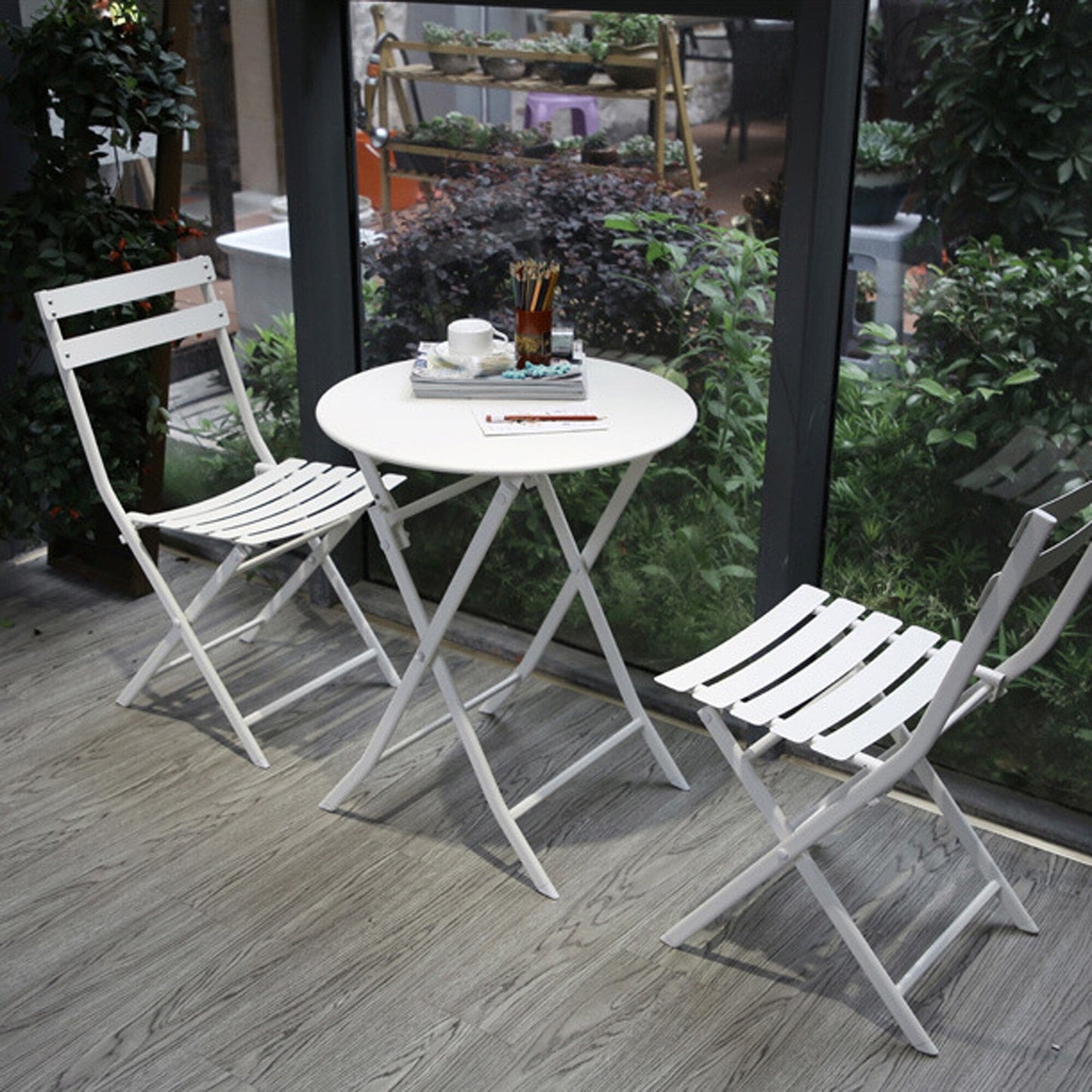 Ensemble de bistro de terrasse minimaliste 3 pièces, composé d'une table ronde et de chaises pliantes - Ensemble-de-bistro-de-terrasse-3-pièces