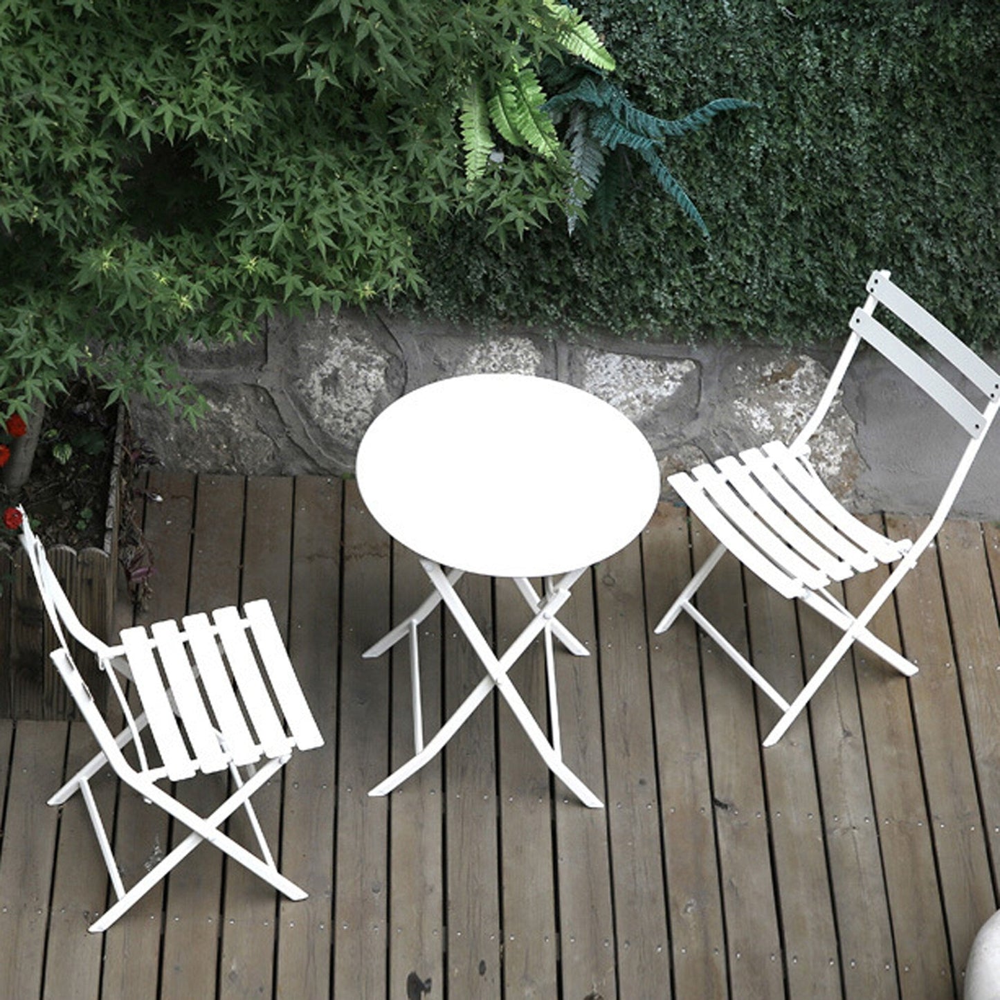 Ensemble de bistro de terrasse minimaliste 3 pièces, composé d'une table ronde et de chaises pliantes - Ensemble-de-bistro-de-terrasse-3-pièces