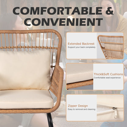 Ensemble de bistro en osier tressé pour extérieur, 3 pièces, ensemble de chaises de patio en rotin résistant aux intempéries avec coussins.