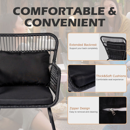 Ensemble de bistro en osier tressé pour extérieur, 3 pièces, ensemble de chaises de patio en rotin résistant aux intempéries avec coussins.