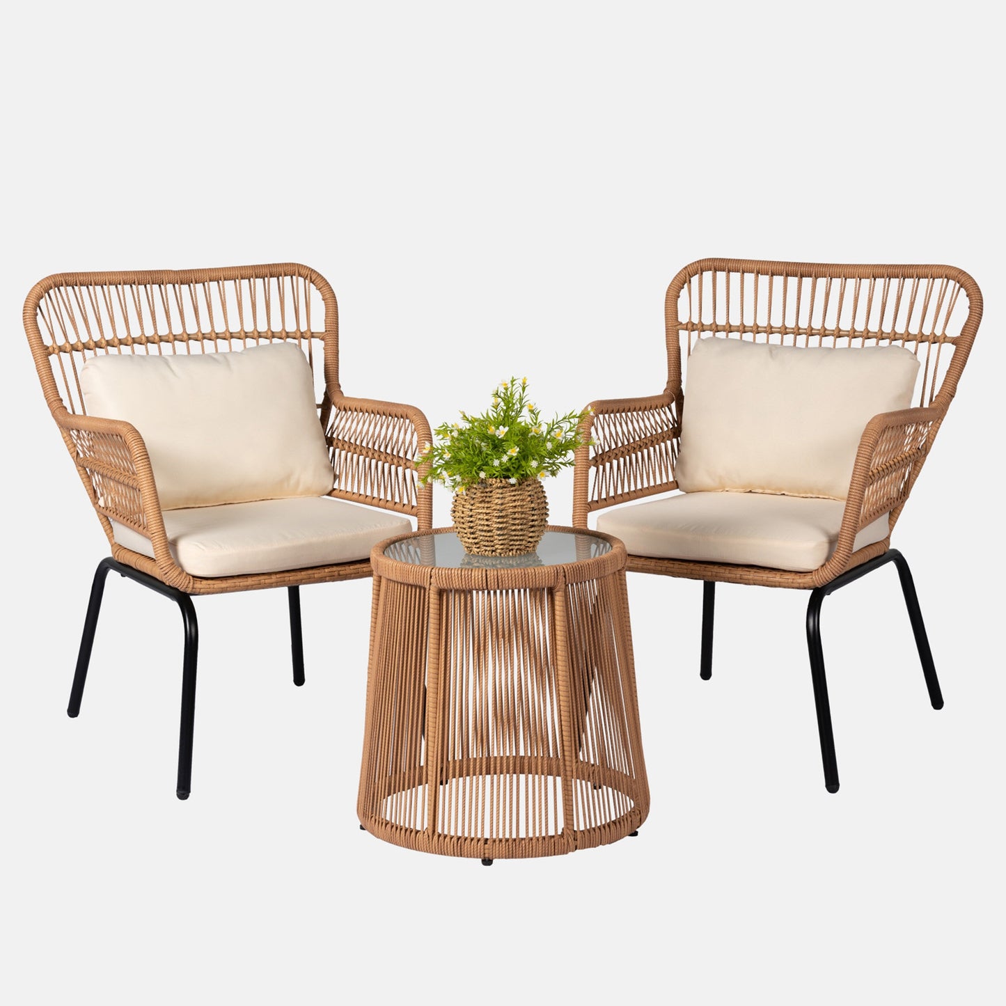 Ensemble de bistro en osier tressé pour extérieur, 3 pièces, ensemble de chaises de patio en rotin résistant aux intempéries avec coussins.