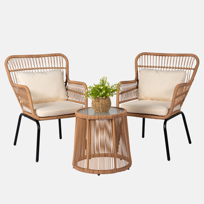 Ensemble de bistro en osier tressé pour extérieur, 3 pièces, ensemble de chaises de patio en rotin résistant aux intempéries avec coussins.