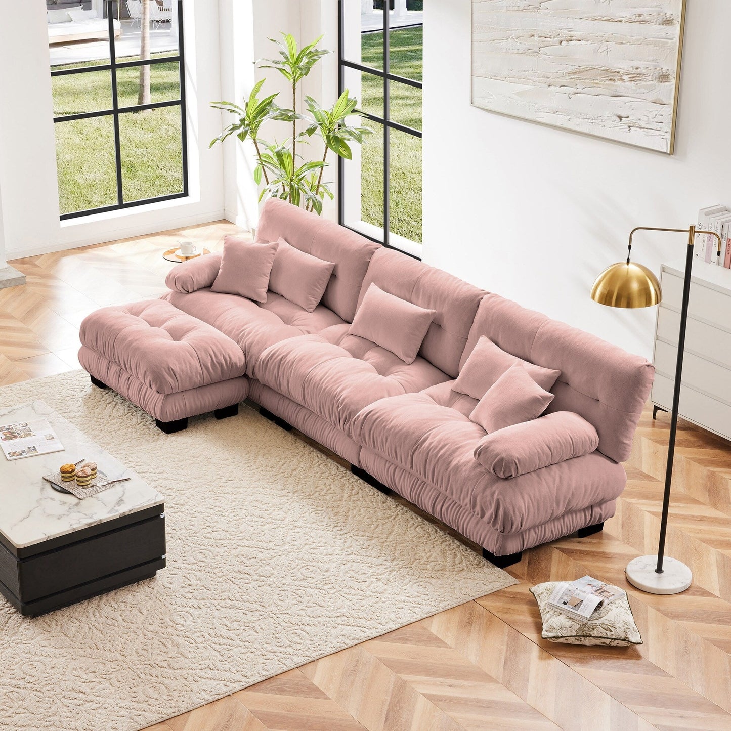 Canapé d'angle modulaire 3 places, canapé profond en forme de L, canapé nuage avec pouf convertible pour salon.
