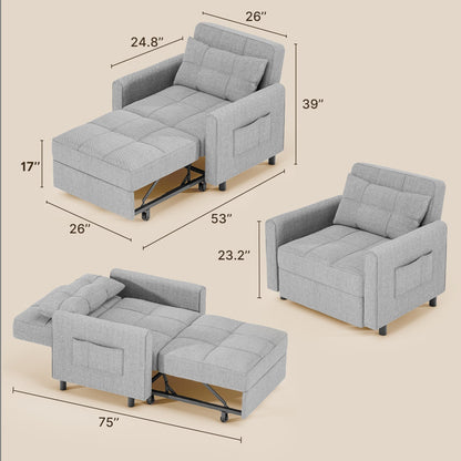 Canapé-lit escamotable 3-en-1, fauteuil convertible, inclinable, pliable et recouvert de tissu.