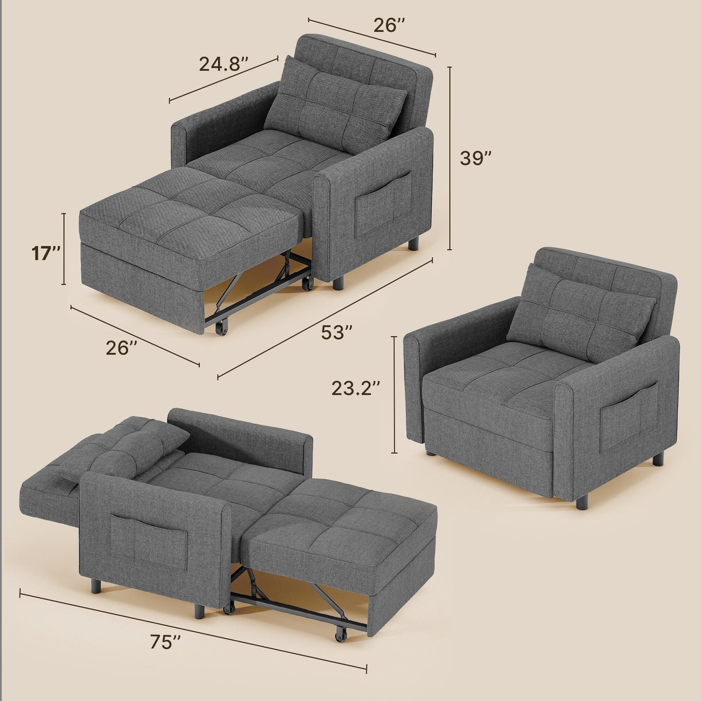 Canapé-lit escamotable 3-en-1, fauteuil convertible, inclinable, pliable et recouvert de tissu.