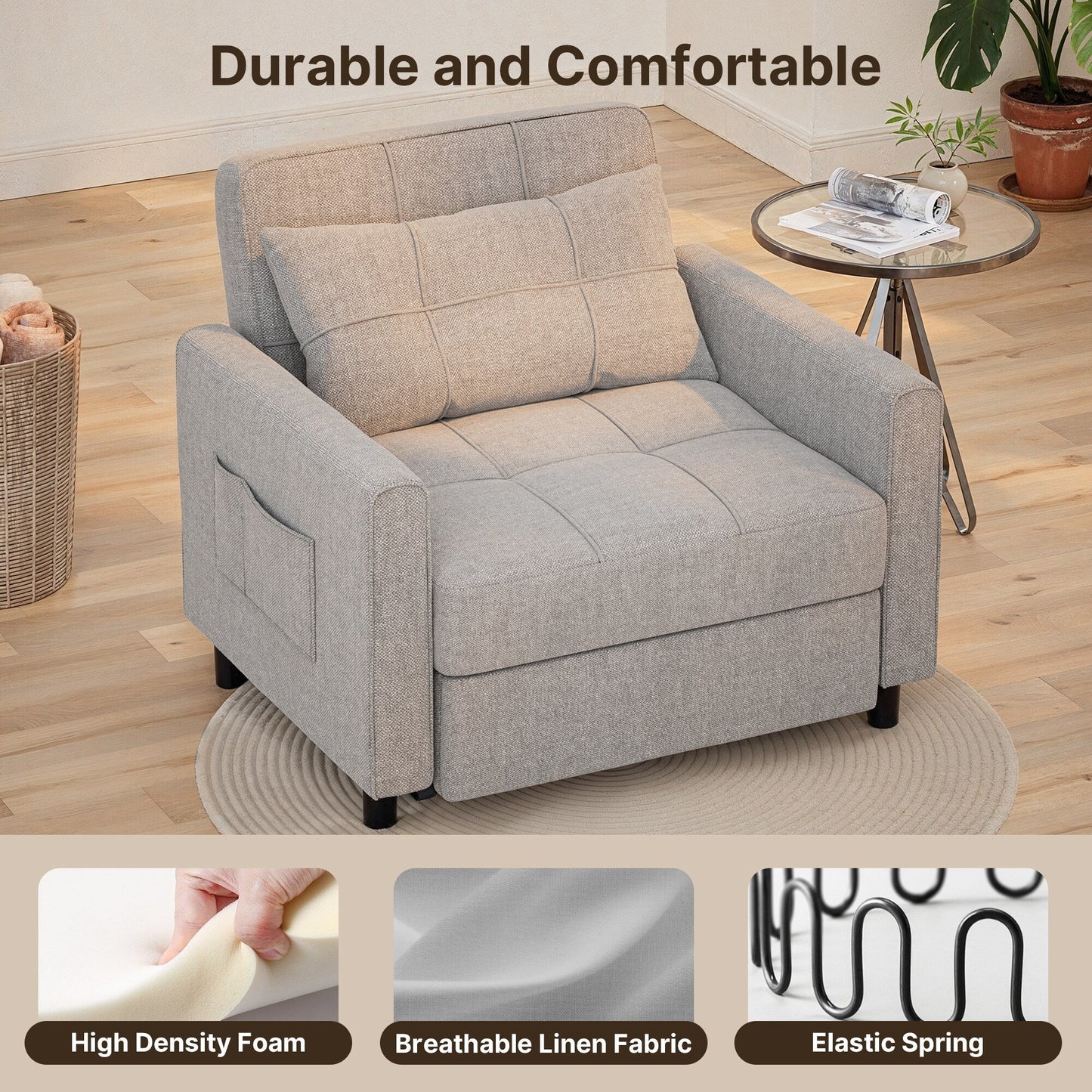 Canapé-lit escamotable 3-en-1, fauteuil convertible, inclinable, pliable et recouvert de tissu.