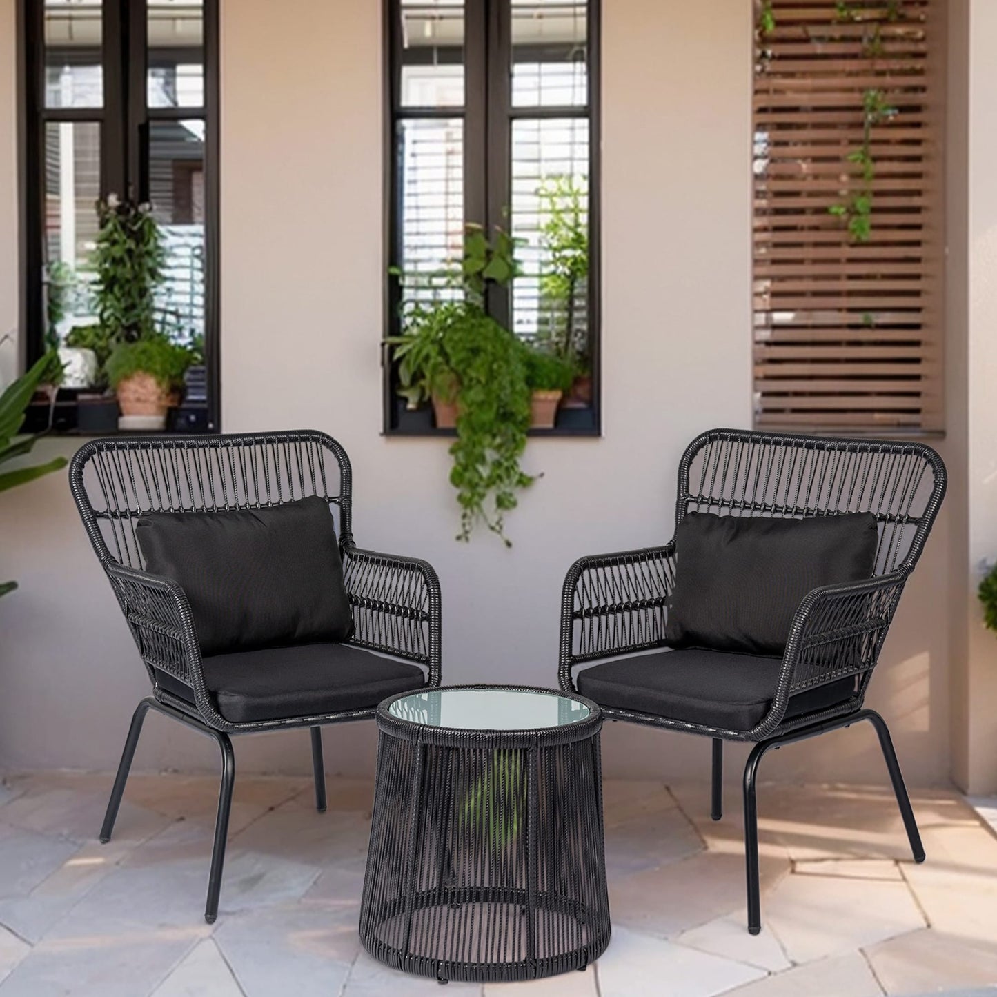 Ensemble de bistro en osier tressé pour extérieur, 3 pièces, ensemble de chaises de patio en rotin résistant aux intempéries avec coussins.