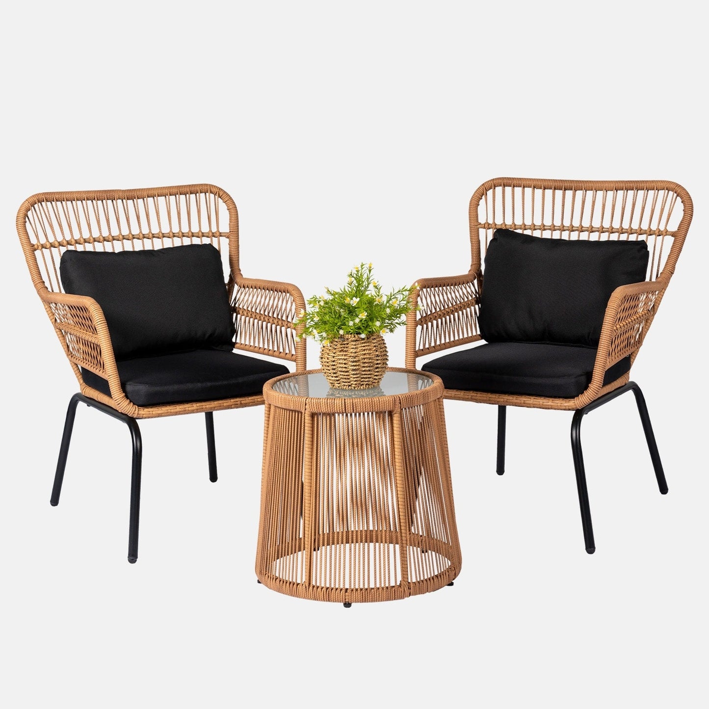 Ensemble de bistro en osier tressé pour extérieur, 3 pièces, ensemble de chaises de patio en rotin résistant aux intempéries avec coussins.