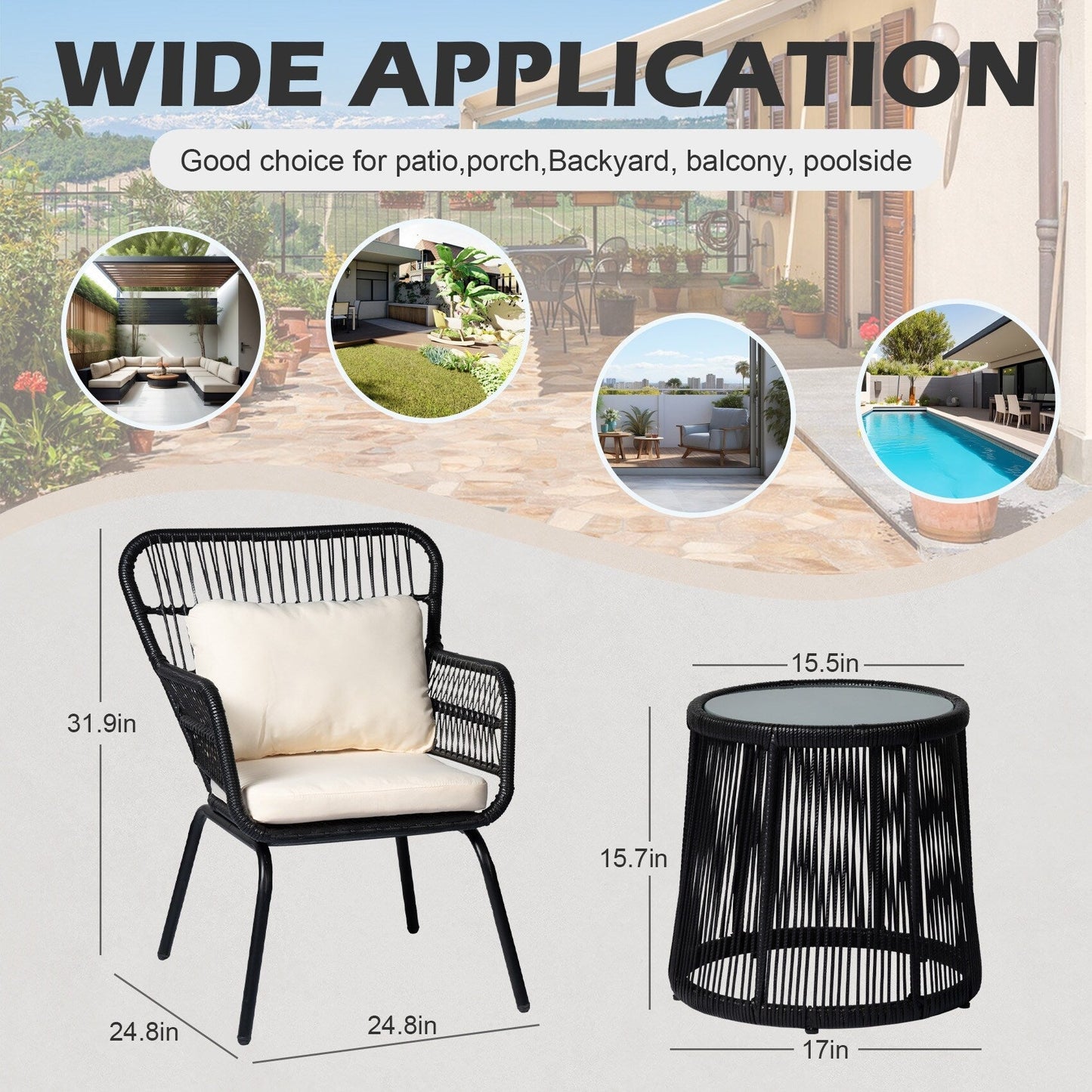 Ensemble de bistro en osier tressé pour extérieur, 3 pièces, ensemble de chaises de patio en rotin résistant aux intempéries avec coussins.