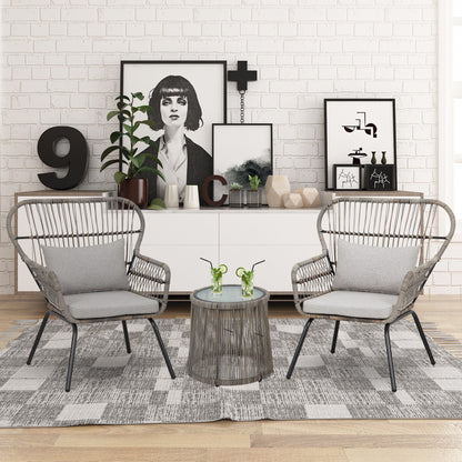 Ensemble de bistro en osier tressé pour extérieur, 3 pièces, ensemble de chaises de patio en rotin résistant aux intempéries avec coussins.