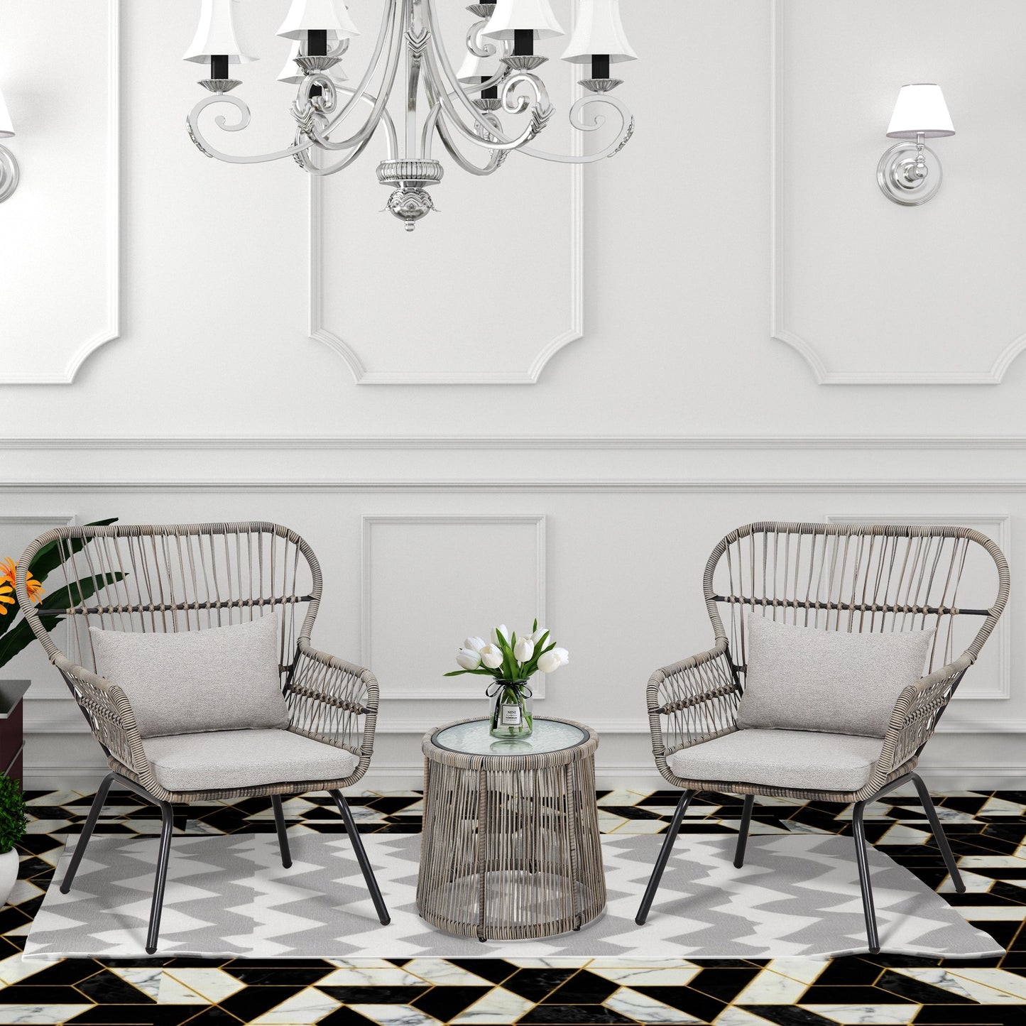 Ensemble de bistro en osier tressé pour extérieur, 3 pièces, ensemble de chaises de patio en rotin résistant aux intempéries avec coussins.