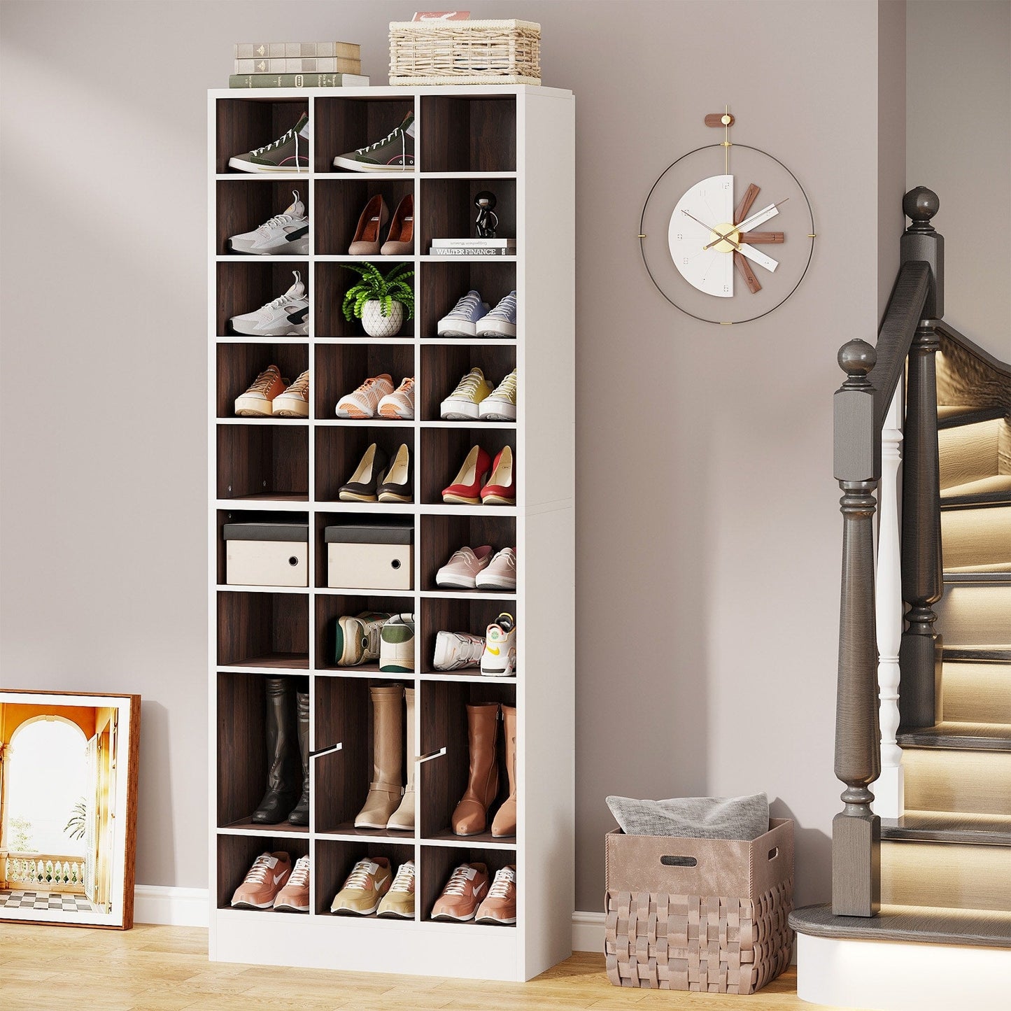 Meuble à chaussures haut pour 30 paires, étagère à chaussures en bois blanc à 10 niveaux pour placard, entrée - 10 niveaux