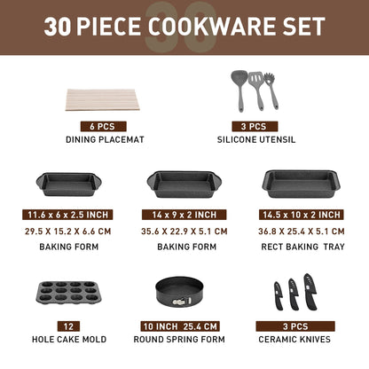 Ensemble de 30 pièces pour cuisine, ustensiles de cuisine et de pâtisserie en granit, ensemble de casseroles et poêles antiadhésives.
