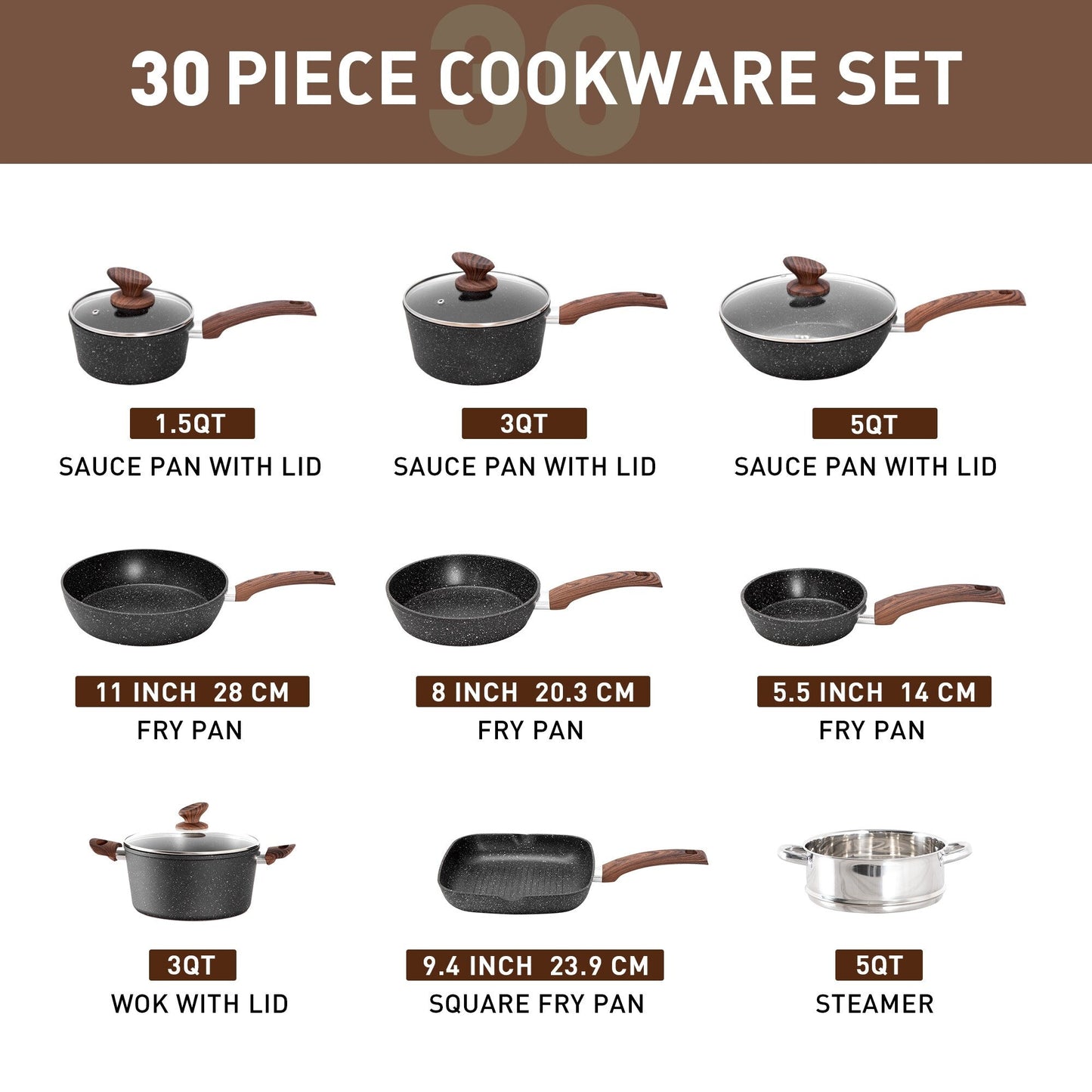 Ensemble de 30 pièces pour cuisine, ustensiles de cuisine et de pâtisserie en granit, ensemble de casseroles et poêles antiadhésives.