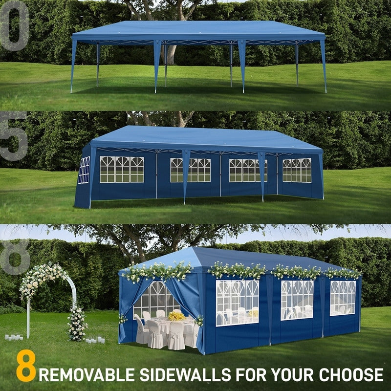 Caravane Pop-up en Oxford 30x10 pi avec 8 sacs de sable et 8 parois latérales avec auvent de type remorqueur - 30x10x8,8 pi (LxlxH)