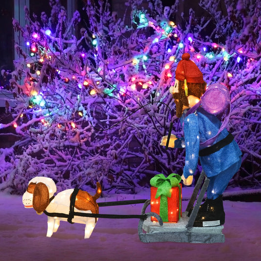 34 Rudolph - Décoration de jardin 3D à LED pré-éclairée, Yukon et chien debout