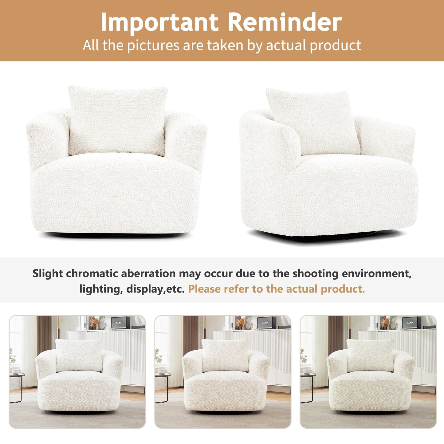 Chaise pivotante à 360°, chaise d'appoint en boucle de 38,2 pouces avec coussin décoratif, chaise de canapé en forme de tonneau avec accoudoirs incurvés.