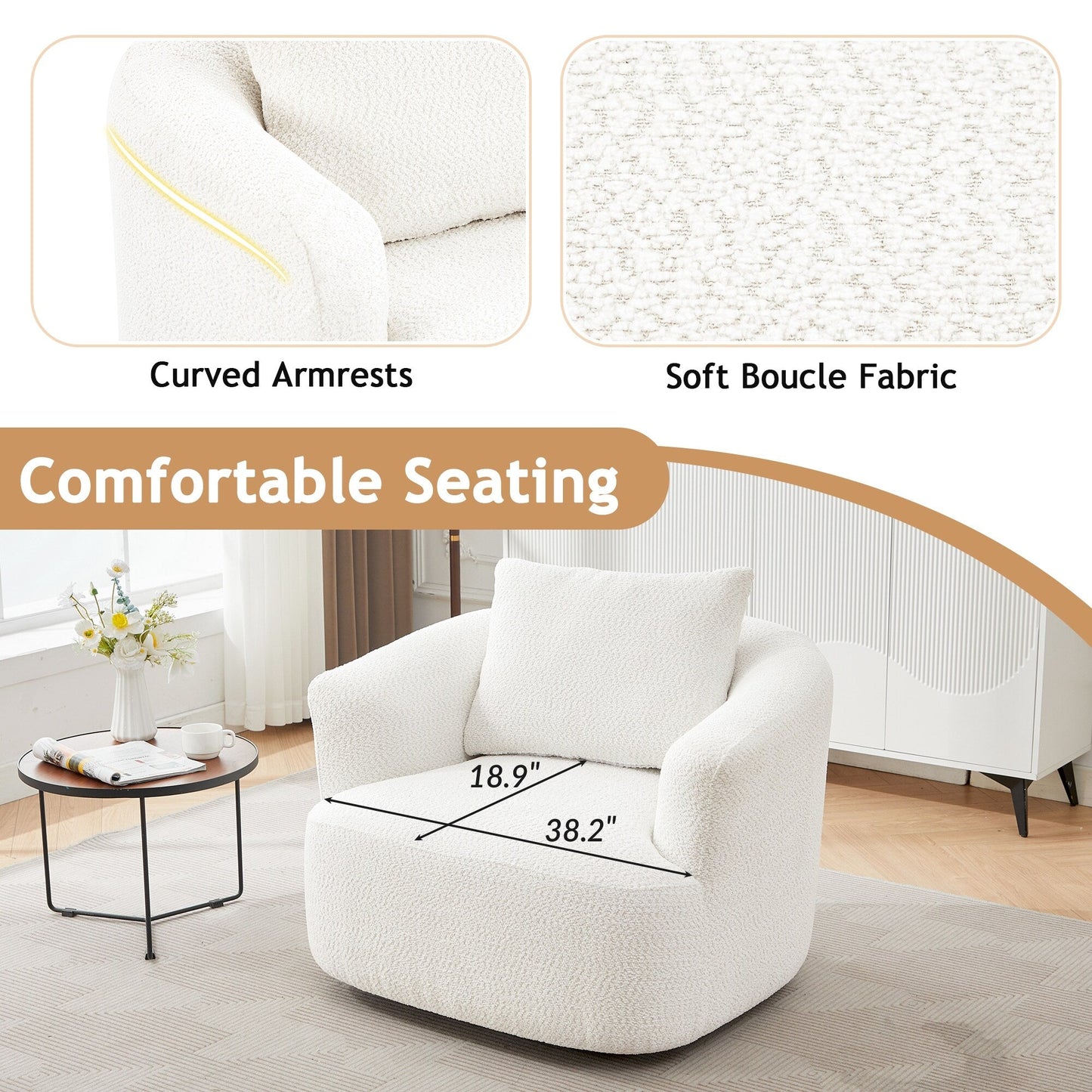 Chaise pivotante à 360°, chaise d'appoint en boucle de 38,2 pouces avec coussin décoratif, chaise de canapé en forme de tonneau avec accoudoirs incurvés.