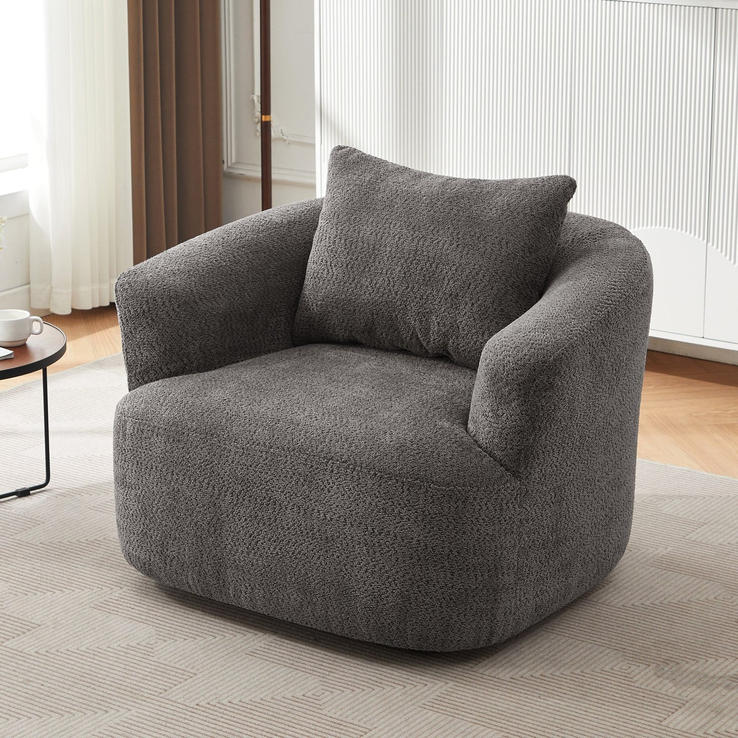 Chaise pivotante à 360°, chaise d'appoint en boucle de 38,2 pouces avec coussin décoratif, chaise de canapé en forme de tonneau avec accoudoirs incurvés.