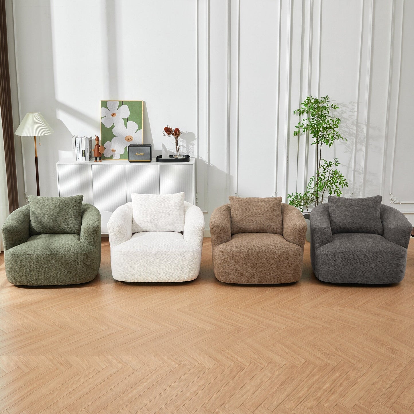 Chaise pivotante à 360°, chaise d'appoint en boucle de 38,2 pouces avec coussin décoratif, chaise de canapé en forme de tonneau avec accoudoirs incurvés.