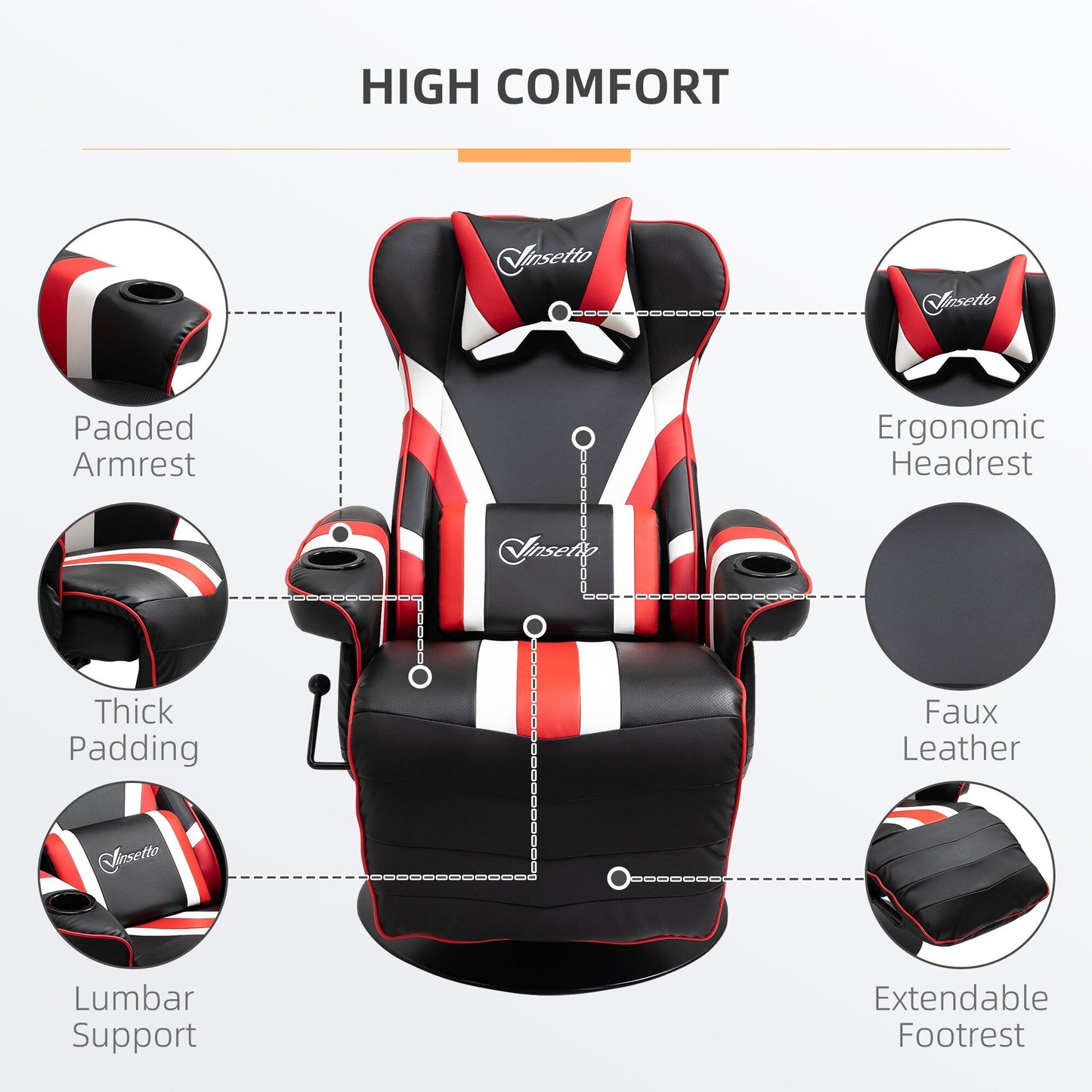 Fauteuil de jeu inclinable pivotant à 360° de style course automobile avec support lombaire, repose-pieds et double porte-gobelets pour salle de jeu.